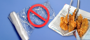 plastic bags not allowed and food on newspaper