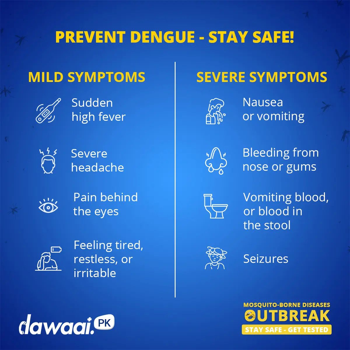 Dengue Virus typically starts off with a fever but it's much more than that! 
Distinguish between mild to severe symptoms of #Dengue and stay safe! 
Sort through various Dengue tests on #Dawaai and get yourself tested at home. 
Click the link👇
https://bit.ly/3KQu7Gi
#Denguefever #DenguePrevention #Denguesymptoms #StayInformed