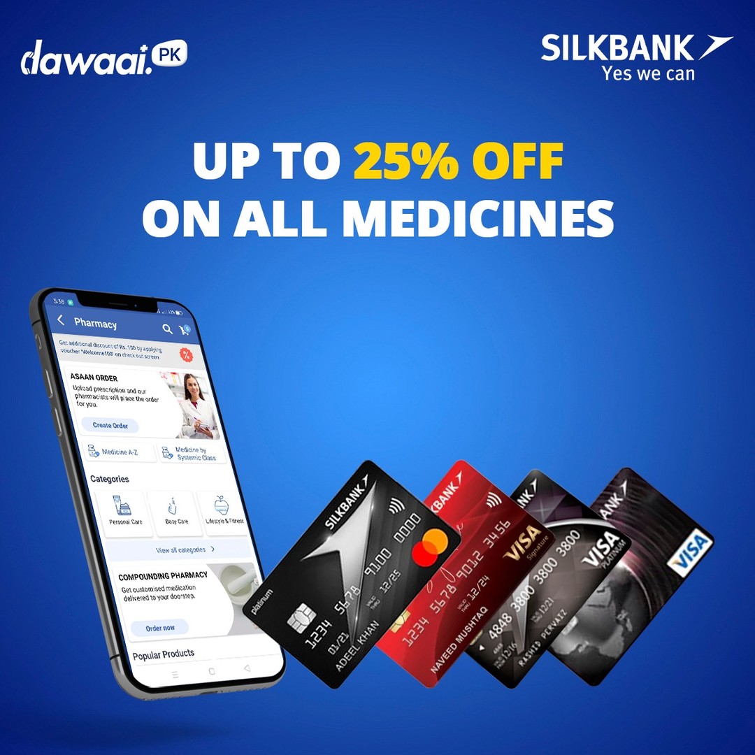 Order with your Silkbank Card with enjoy a discount of up to 25% on all your medicines!💳
#Dawaai rakhay aap ka khiyal! 
Order Now: 
https://dawaai.pk/